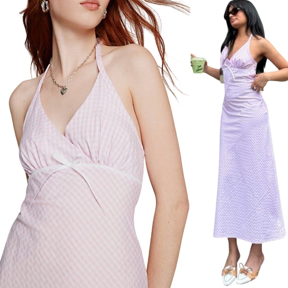 Urban Outfitters Gingham Halter Midi Maxi Dress Pink White NEW Womens Medium